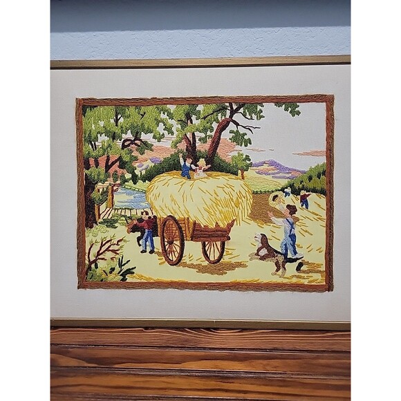 Vintage 1992 Crewel Harvesting the Hey Finished Framed Sunset Stitchery - Picture 2 of 11